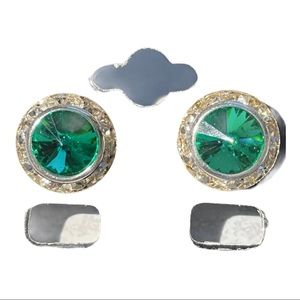 Emerald and Crystal Round Button Pierced Earrings